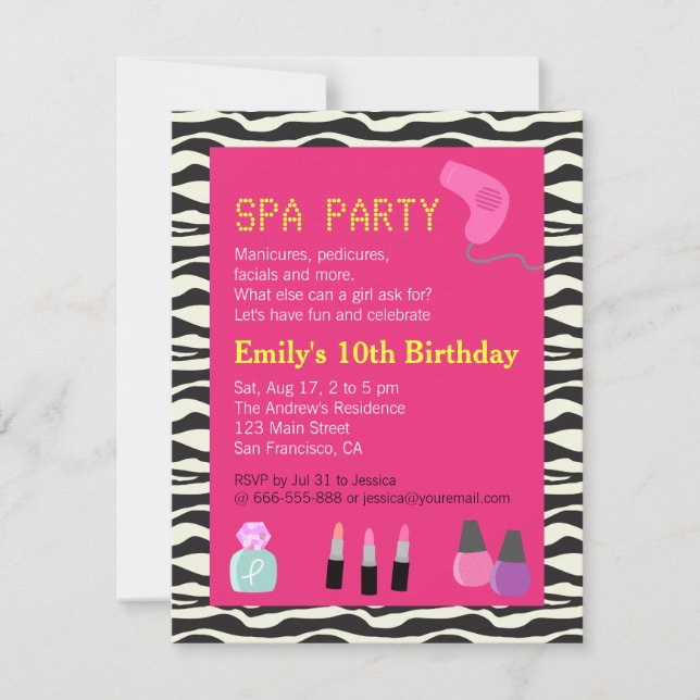 Invitation Zebra Print, Spa Party, Pour Les Filles (Devant)