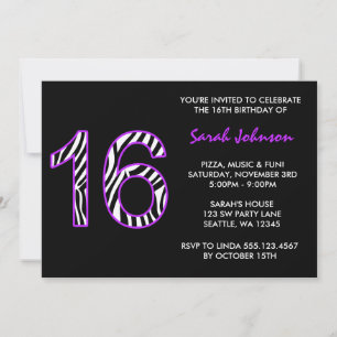 Invitation Zebra Purple and Black Sweet 16 Anniversaire