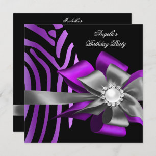 Invitation Zebra Purple Black Argent Bow Pearl Anniversaire