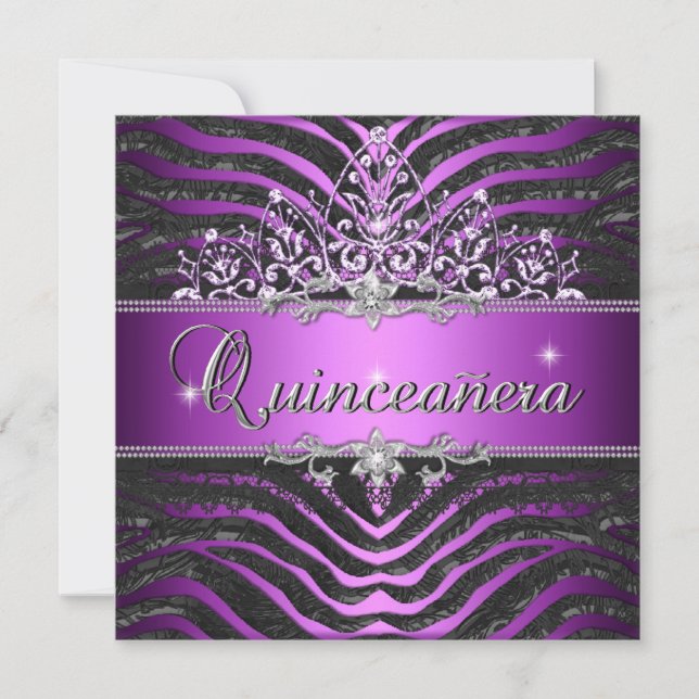 Invitation Zebra Purple Rose Black Quinceanera 15e anniversai (Devant)