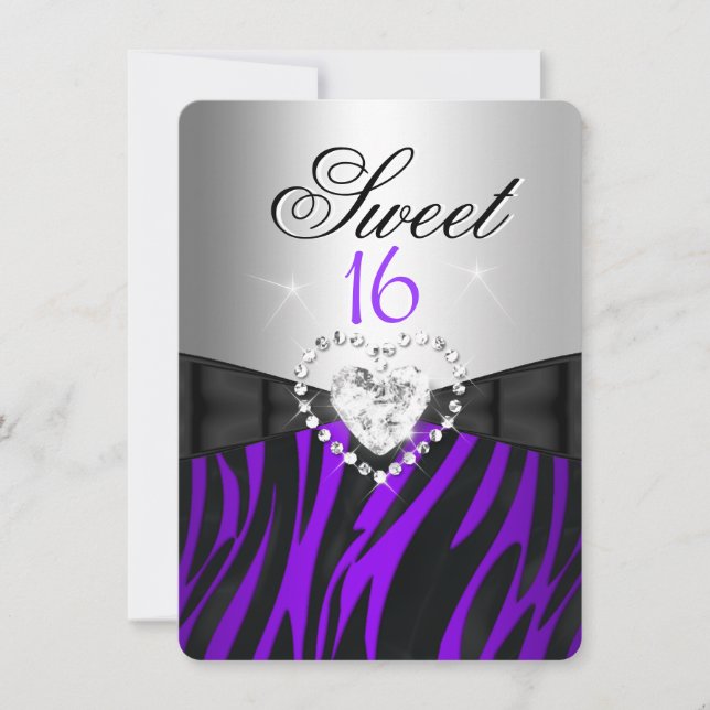Invitation Zebra Purple Silver Sweet 16 Seize anniversaire (Devant)