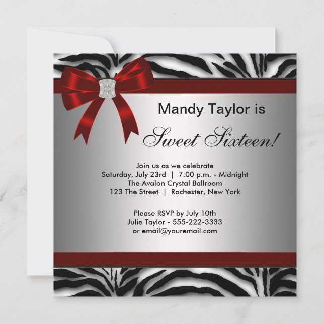 Invitation Zebra Red Bow Sweet sixteen fantaisie (Devant)