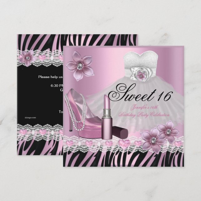Invitation Zebra rose Sweet sixteen noir 16 Robe à lèvres 2 (Devant / Derrière)