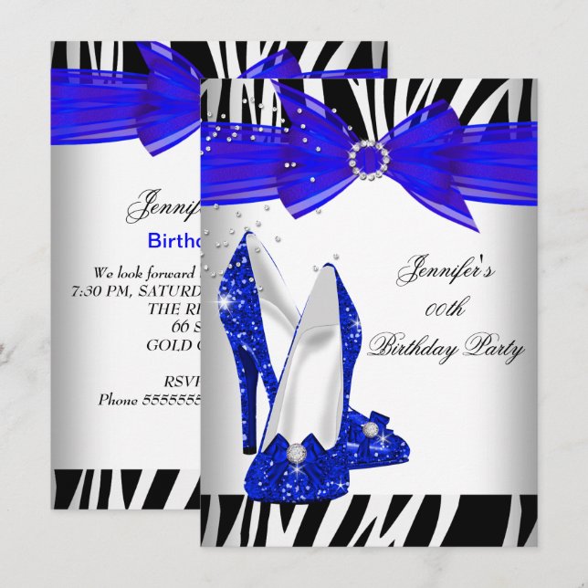 Invitation Zebra Royal Bleu Haut talon Noir fête d'anniversai (Devant / Derrière)