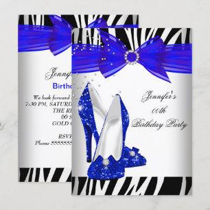 Invitation Zebra Royal Bleu Haut talon Noir fête d'anniversai