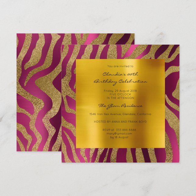 Invitation Zebra Safari Animal peau Raspberry Mustard Or (Devant / Derrière)