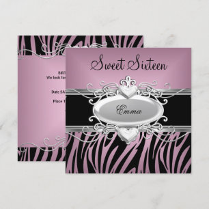Invitation Zebra Sweet sixteen 16 Party Argent rose Noir