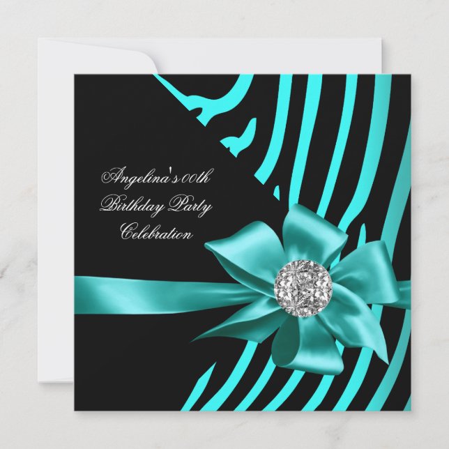 Invitation Zebra Turquoise Bijou d'argent Black Elegant Party (Devant)