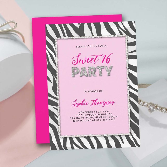 Invitation Zèbre Fête Sauvage Imprimer Rhinestone Frame Sweet (sweet 16 party invitation wild animal zebra print hot pink rhinestone frame elegant girly classy)