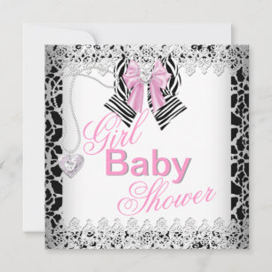 Invitation Zèbre Fille Bébé Rose Broderie Anglaise