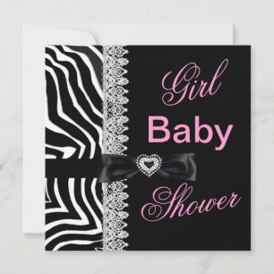 Invitation Zèbre noir blanc Fille Rose Baby Shower Dentelle