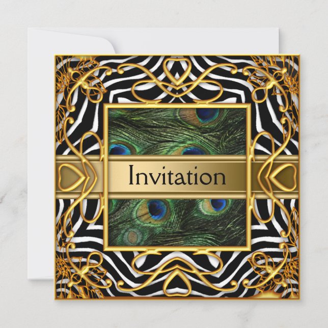Invitation Zèbre Paon Doré pour Toute Fête (Devant)