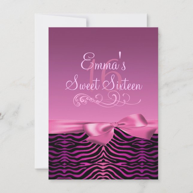 Invitation Zèbre rose/noir Imprimer & Bow Anniversaire Invita (Devant)