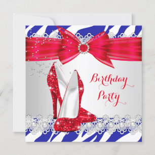 Invitation Zèbre Rouge Blanc Bleu Talon Lacet Perle Anniversa