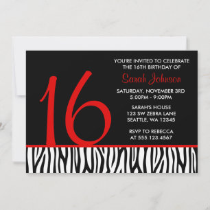 Invitation Zèbre rouge et noir Sweet 16 Numéro Anniversaire