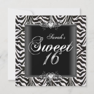 Invitation Zèbre Sweet sixteen 16 Anniversaire Noir Blanc