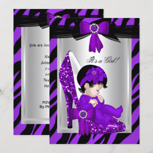 Invitation Zèbre Talons Hauts Violets Baby Shower Fille Brune