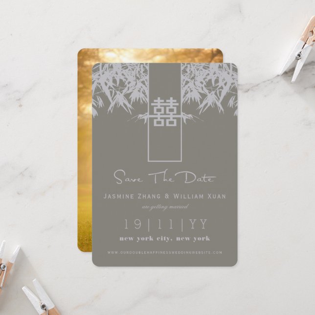 Invitation Zen Bamboo Double Bonheur Chinois Sauver La Date (Devant/Arrière en situation)