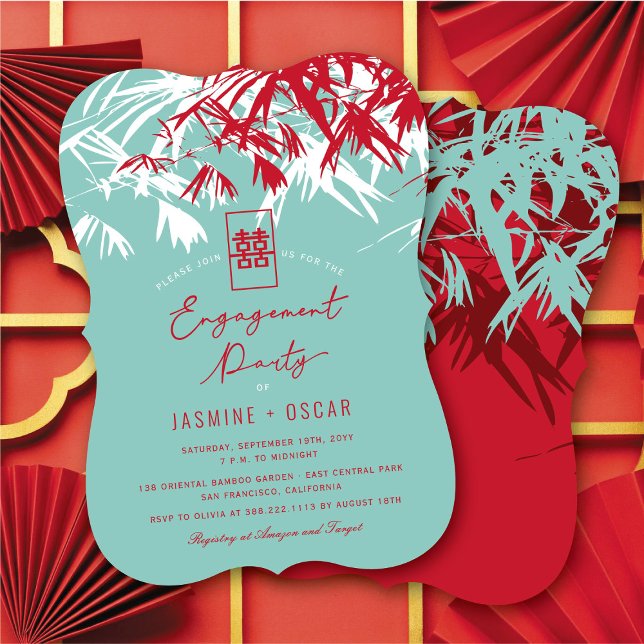 Invitation Zen Bamboo Feuille Parti d'engagement chinois mode (Zen Bamboo Leaves Modern Chinese Engagement Party Invitation @ fatfatin_red_knot)