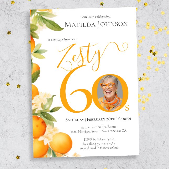 Invitation Zesty Orange Photo 60e fête d'anniversaire (Mockup View)