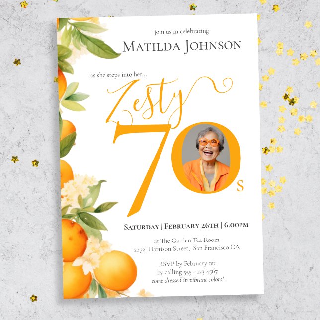 Invitation Zesty Orange Photo 70th Birthday Party (Mockup View)