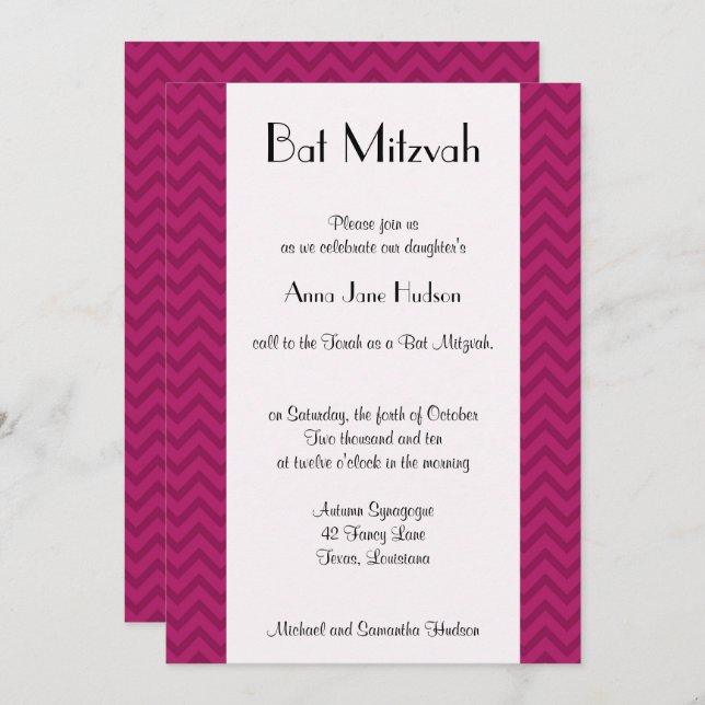 Invitation Zigzag rose, Chevron rose, Bat mitzvah (Devant / Derrière)