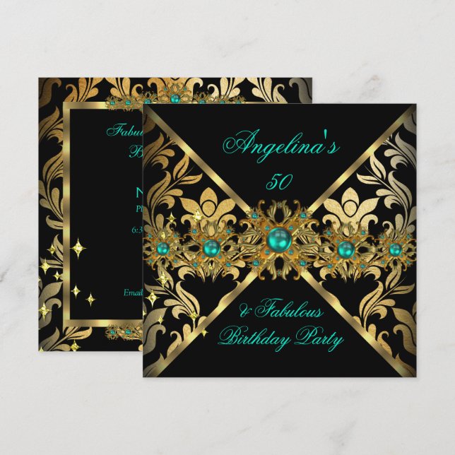 Invitation ZIZZAGO DESIGN Fabulous Jade Gold Damask Party 2 (Devant / Derrière)