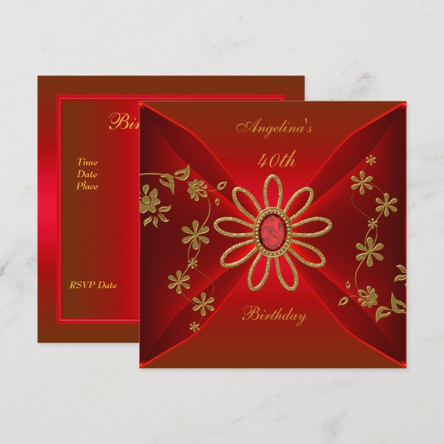 Invitation Zizzago Elégant 40e anniversaire joyau rouge riche (Devant / Derrière)