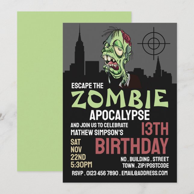 Invitation Zombie Apocalypse Thème Escape Room Anniversaire (Devant / Derrière)