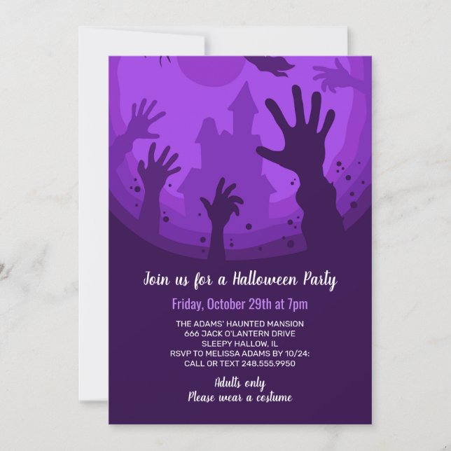 Invitation Zombie Mains Purple Castle Halloween Party (Devant)