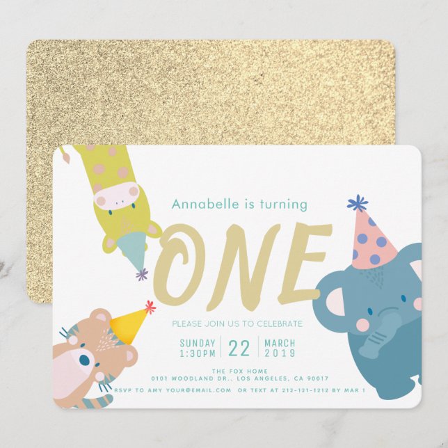 Invitation Zoo Animaux Eléphant Gold Parties scintillant 1er  (Devant / Derrière)