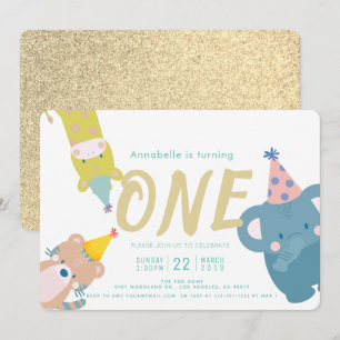 Invitation Zoo Animaux Eléphant Gold Parties scintillant 1er 