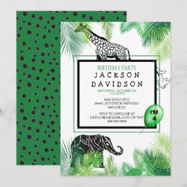Invitation Zoo Boy's Birthday Party Foliage Giraffe Elephant