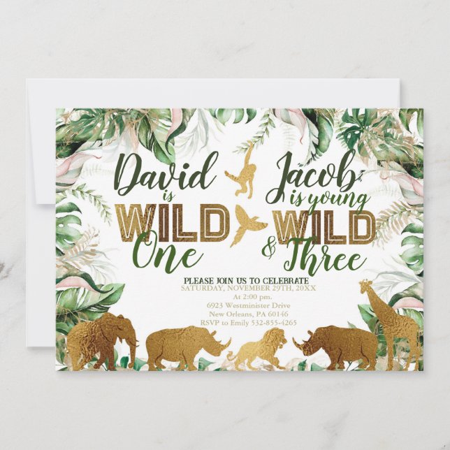 Invitation Zoo combiné Wild One et Three 1er 3e anniversaire (Devant)
