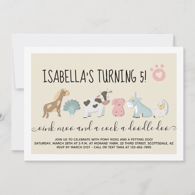 Invitation Zoo de mouture pour les filles / Animaux de ferme  (Devant)