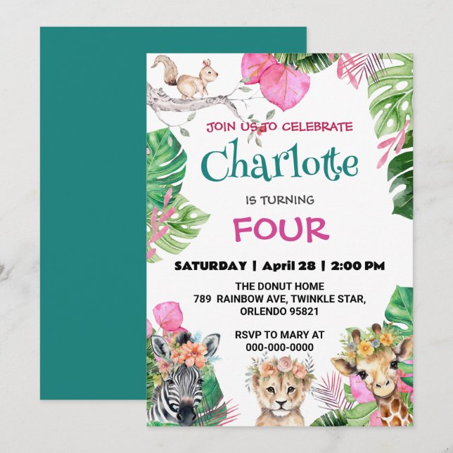 Invitation Zoo mignon jungle Animaux Anniversaire Floral (Devant / Derrière)