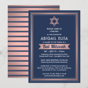 Invitation Zoom virtuel Bat mitzvah Marine bleu rose Rose or