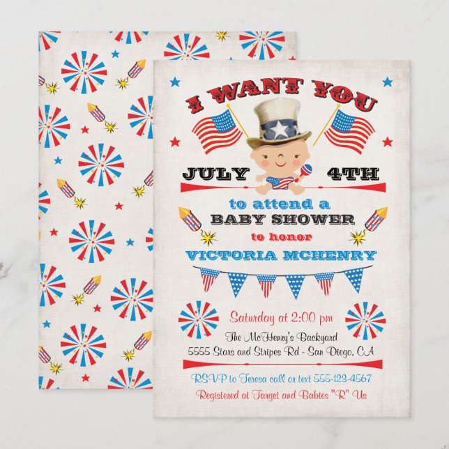 Invitations 4 juillet Baby Shower (Devant / Derrière)