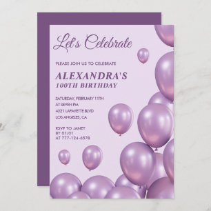 Invitations à 100e anniversaire Ballons Chic Purpl