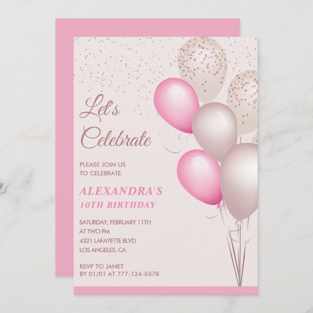 Invitations à 10e anniversaire Balloons Pink Confe (Devant / Derrière)