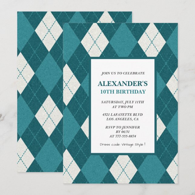Invitations à 10e anniversaire Garçon Vintage bleu (Devant / Derrière)