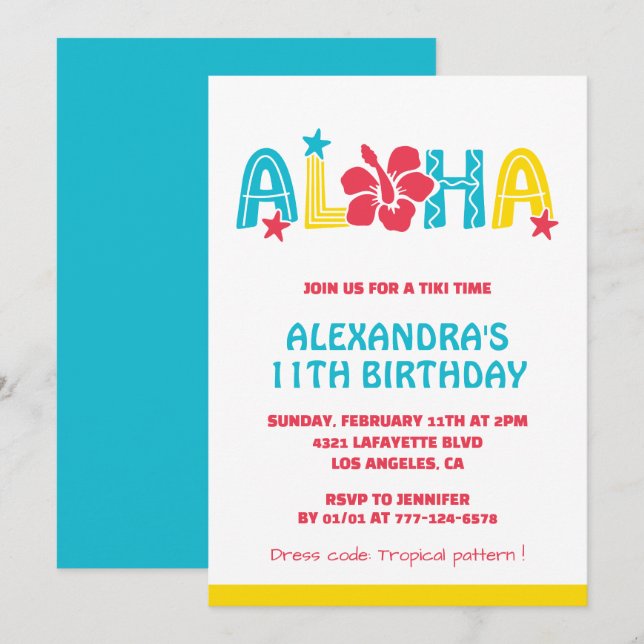 Invitations à 11e anniversaire Tropical Aloha Hawa (Devant / Derrière)