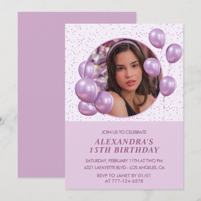 Invitations à 13e anniversaire Ballons Photo Purpl (Devant / Derrière)