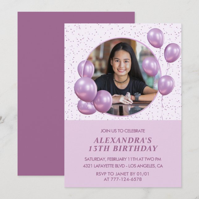 Invitations à 13e anniversaire Ballons Photo Purpl (Devant / Derrière)
