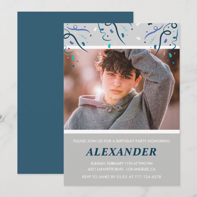 Invitations à 14e anniversaire Boy Confetti Photo  (Devant / Derrière)