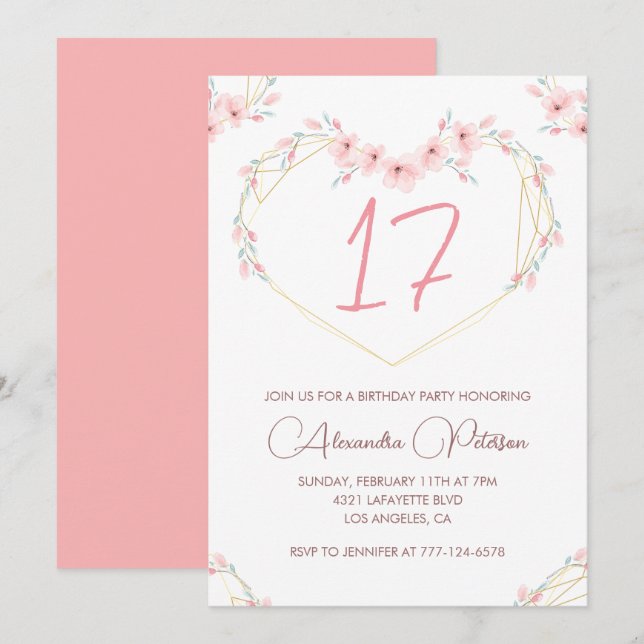 Invitations à 17e anniversaire Boho Floral Pink (Devant / Derrière)