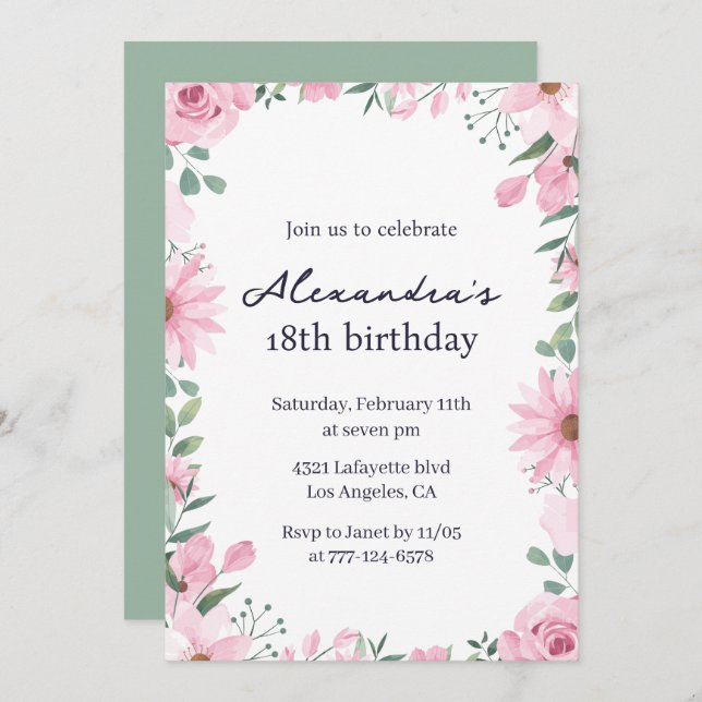 Invitations à 18e anniversaire Floral Frame Pink G (Devant / Derrière)