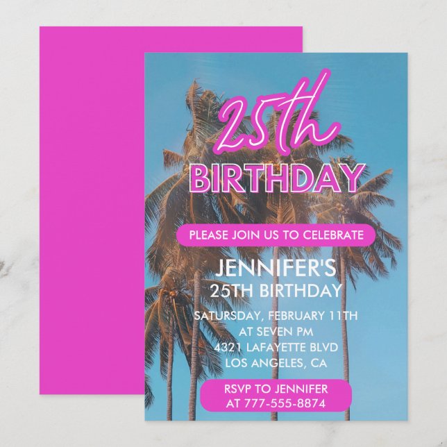 Invitations à 25e anniversaire Pink Tropical (Devant / Derrière)