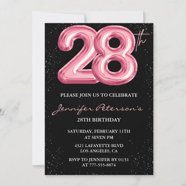 Invitations à 28e anniversaire Pink Balloon Glam B (Devant)