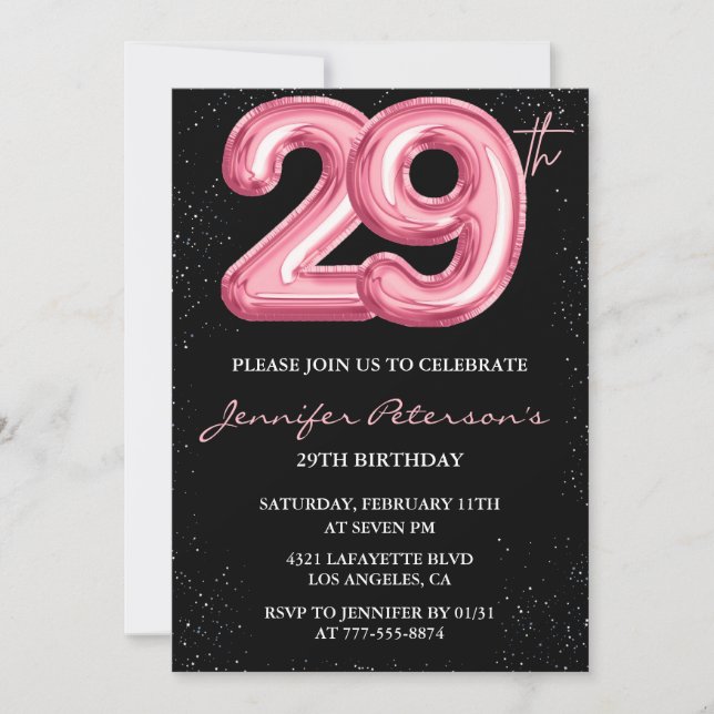Invitations à 29e anniversaire Pink Balloon Glam B (Devant)